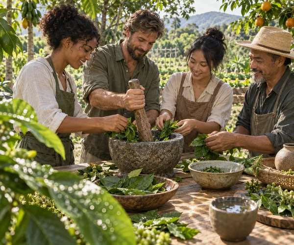 Four people gather around a wooden table in a leafy orchard garden, handling fresh leaves around a large stone mortar and wooden pestle.