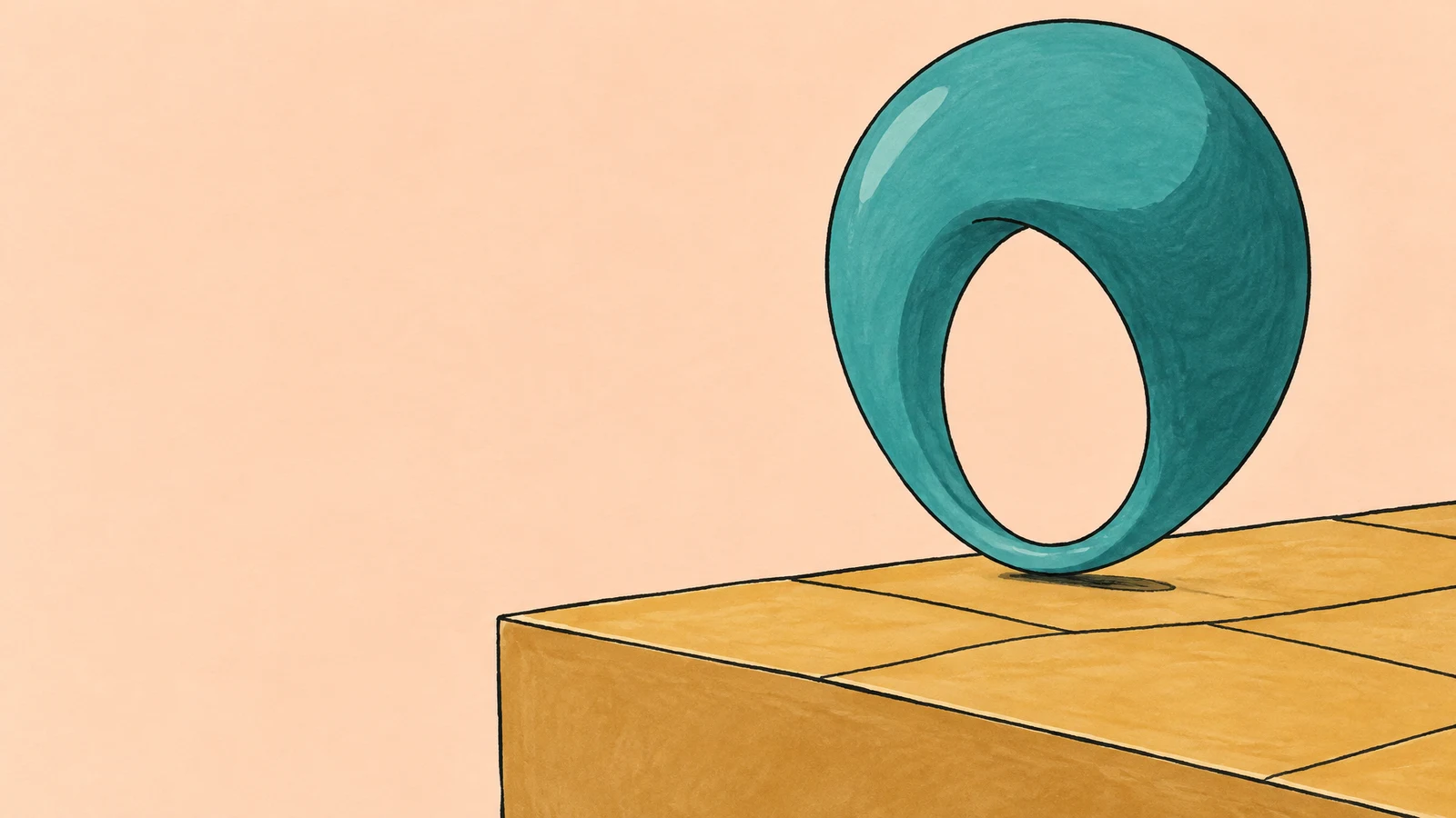 A large teal ring with a broad rounded upper arc and an open oval center balances upright on an ochre tiled terrace against a pale peach background.
