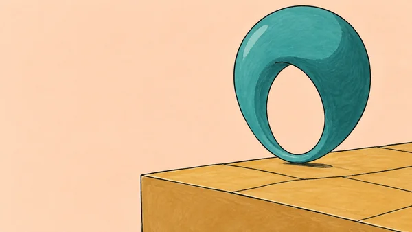 A large teal ring with a broad rounded upper arc and an open oval center balances upright on an ochre tiled terrace against a pale peach background.