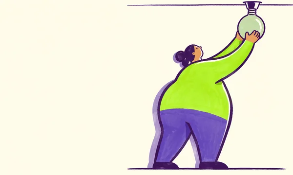 A profile-view adult in a neon-green shirt and violet trousers reaches up toward a large pale-green bulb in a ceiling socket, against a warm ivory background…