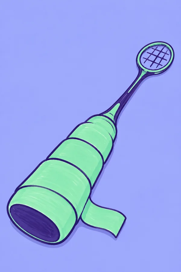 A mint-green tennis racket lies diagonally across a periwinkle background, with an oversized wrapped grip and a small oval head with crossed strings.