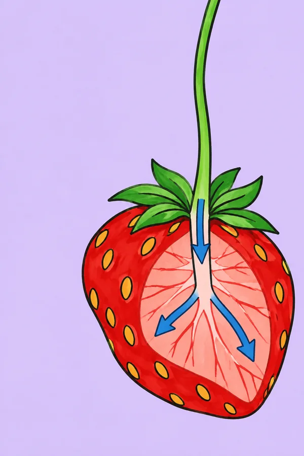A hand-drawn strawberry with a long green stem and leafy cap sits against a pale lavender background.