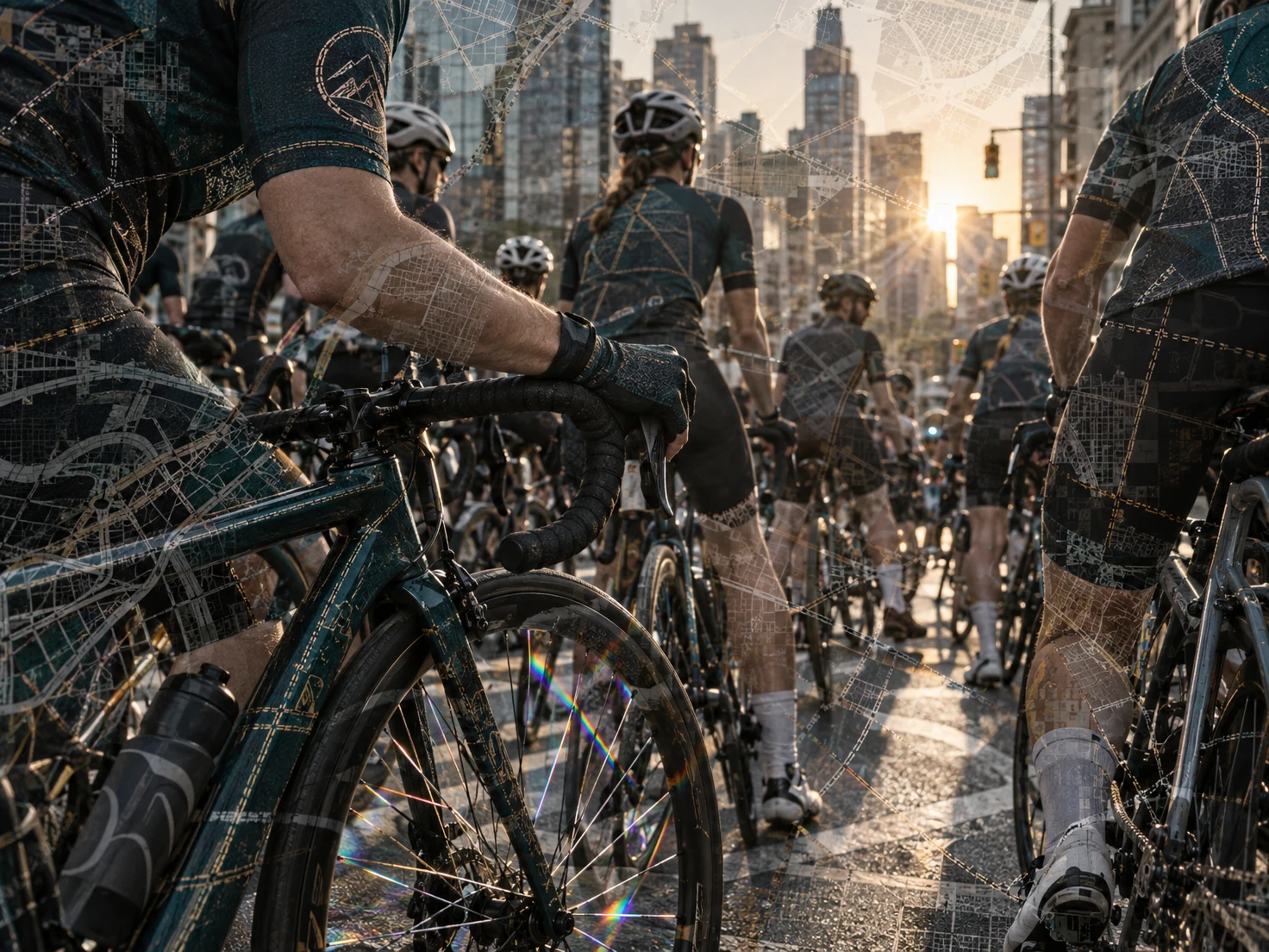 A tightly packed group of helmeted cyclists and bicycles fills a city intersection.