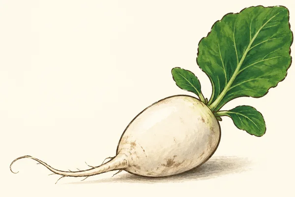 A large white radish lies diagonally on a warm ivory background, with a broad rounded bulb, a long curling taproot extending left, and three green leaves…
