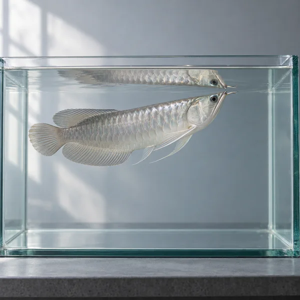 A silver arowana swims just below the waterline in a clear rectangular aquarium on a grey tabletop, with its reflection meeting its upturned mouth.