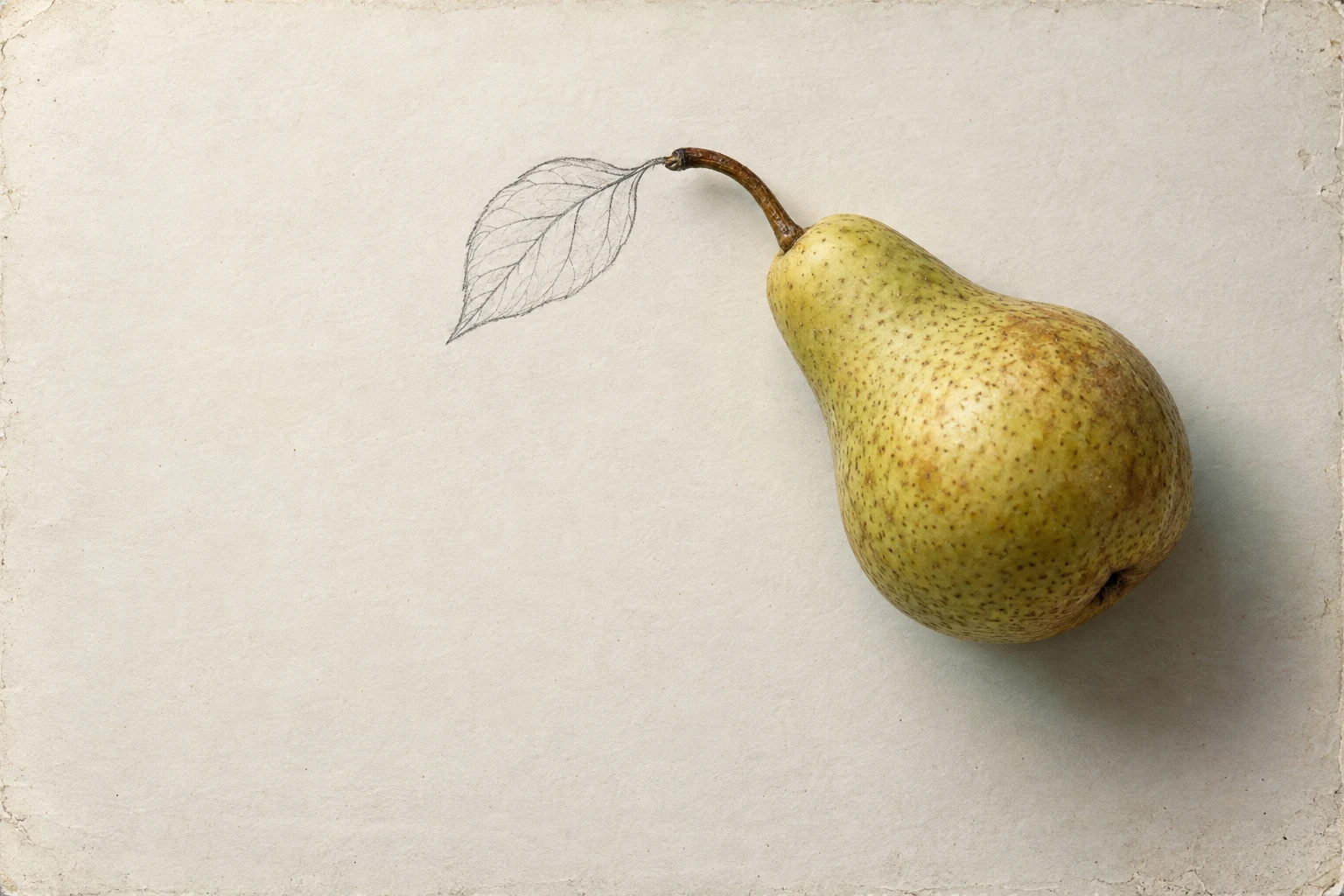 An overhead still life of a speckled yellow-green pear on warm ivory paper, its curved brown stem meeting a graphite-drawn leaf; broad blank paper space fills…