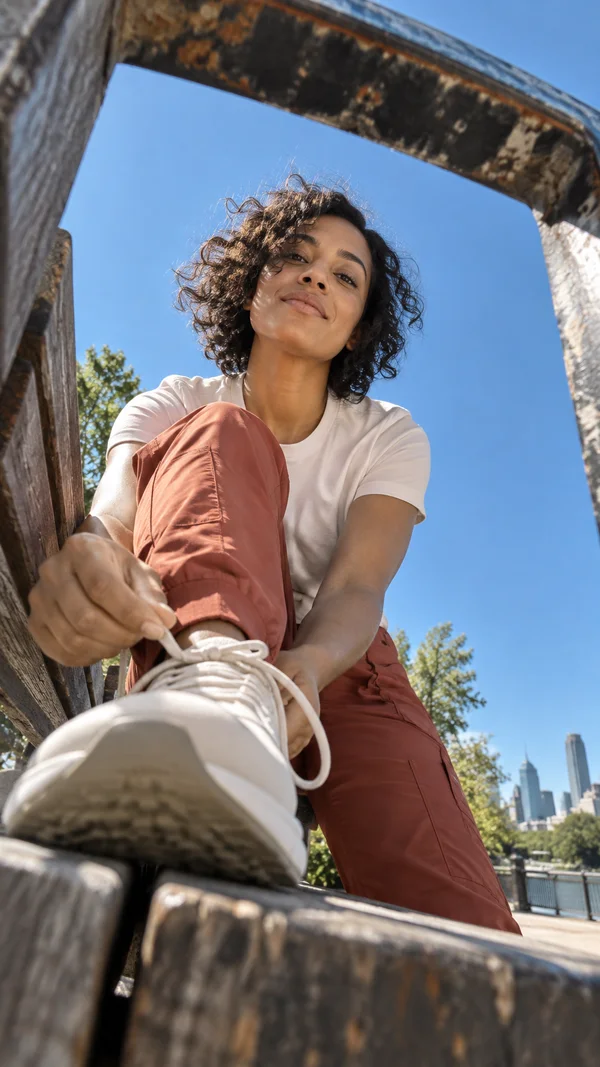 A woman in a warm-white T-shirt and terracotta trousers bends over a cream sneaker on a weathered park bench, pulling at its laces.