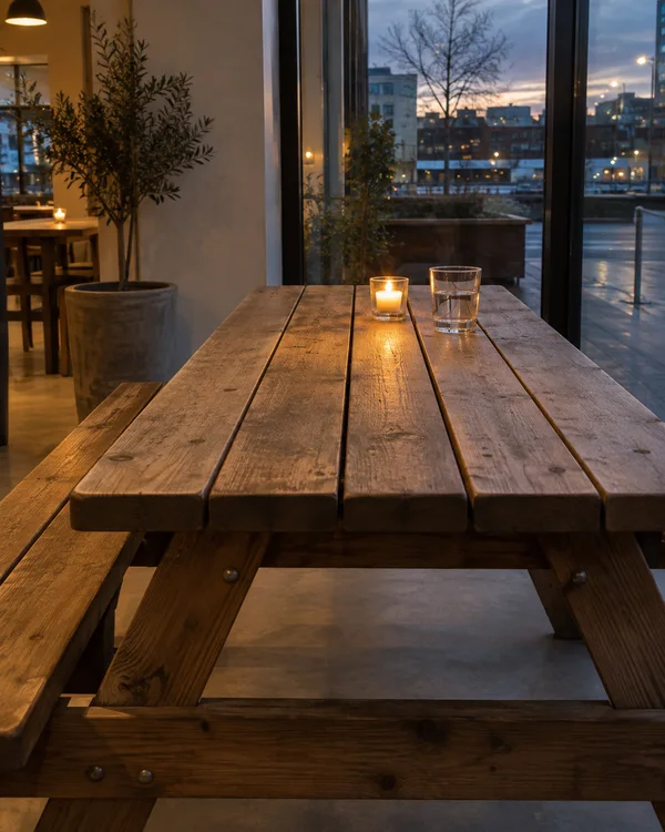 A weathered timber picnic table with an attached bench fills the foreground inside a café at dusk.