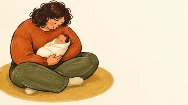 A curly-haired adult in a burnt-orange sweater and olive trousers sits cross-legged on an ochre oval rug, cradling a newborn wrapped in cream against a warm…