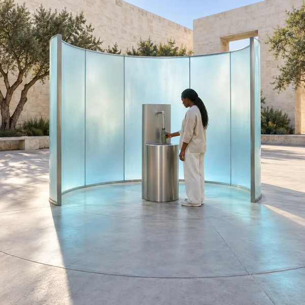 A Black adult in neutral clothing stands in side view at a stainless-steel bottle-filling station inside a curved enclosure of pale-aqua translucent panels in…