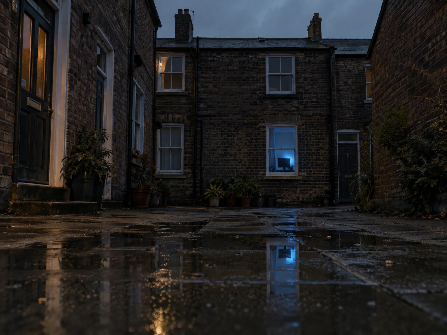 A wet brick residential courtyard at dusk, with a blue-lit ground-floor window and its reflection in a large foreground puddle.