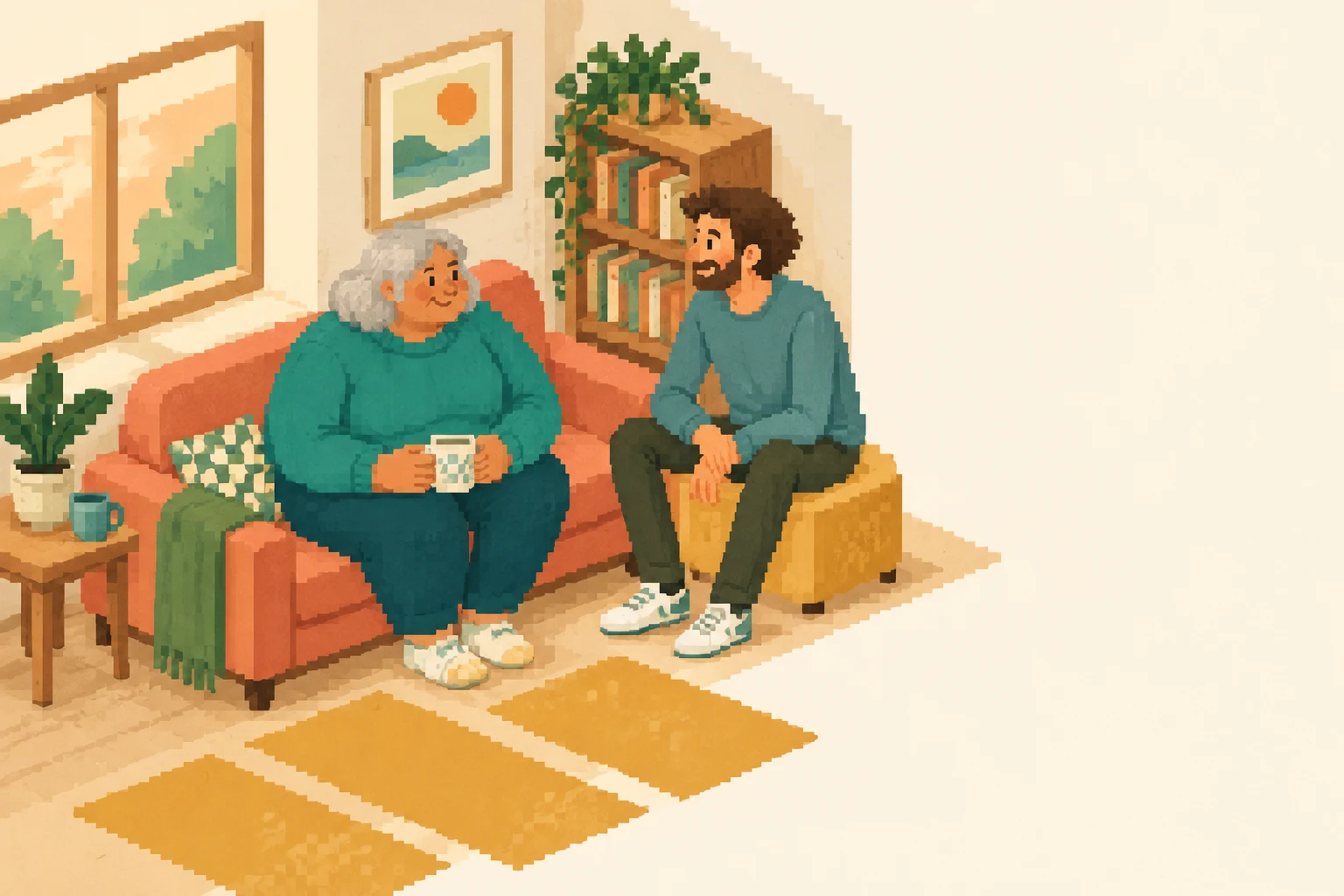 A silver-haired older person and a bearded adult sit facing each other in a warm, open-front living room, with a coral sofa, mustard stool, bookshelf, plants…