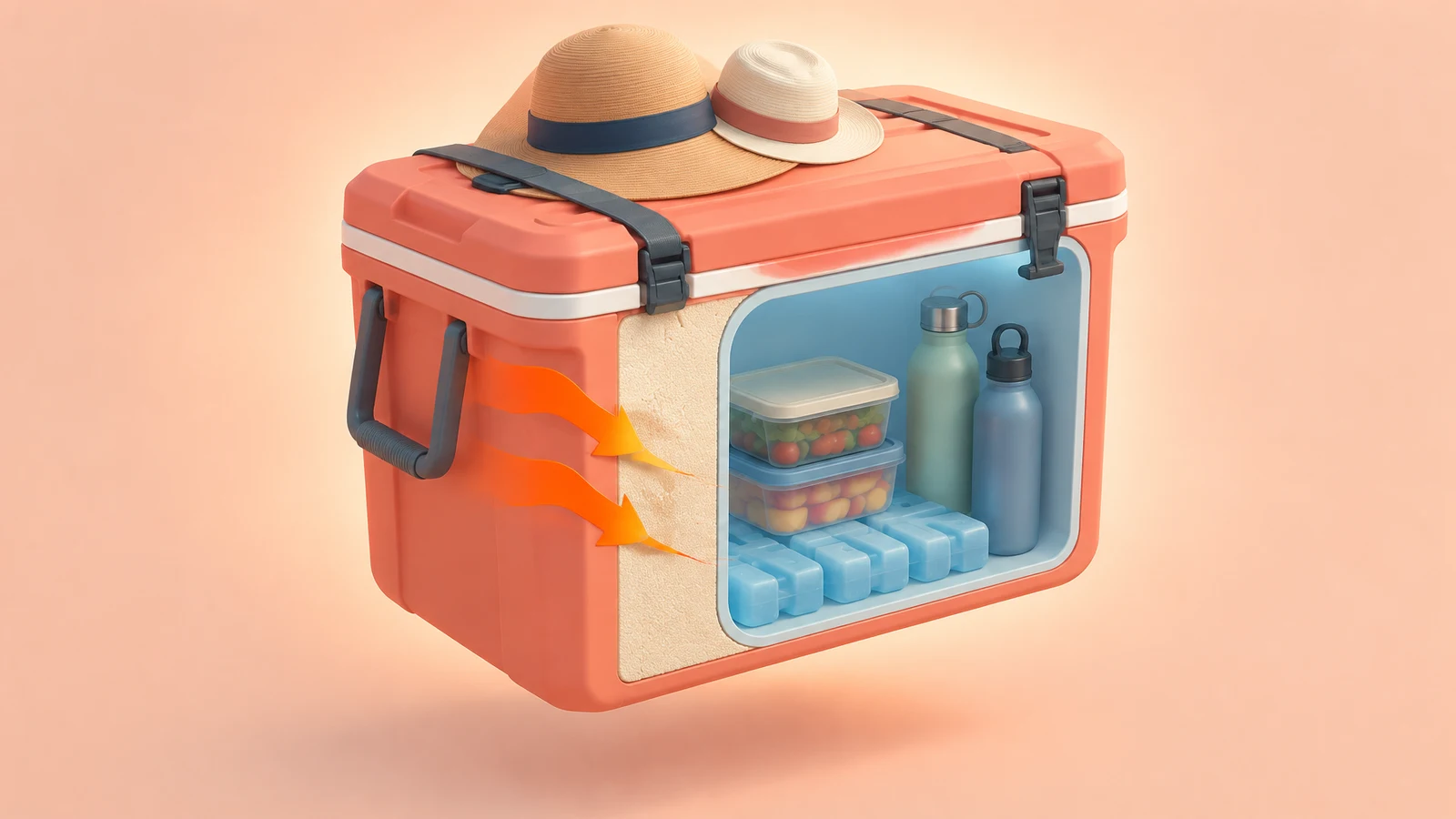 A coral cooler floats against a pale peach background, shown in three-quarter view with its front cut away to reveal cream insulation and a blue interior…