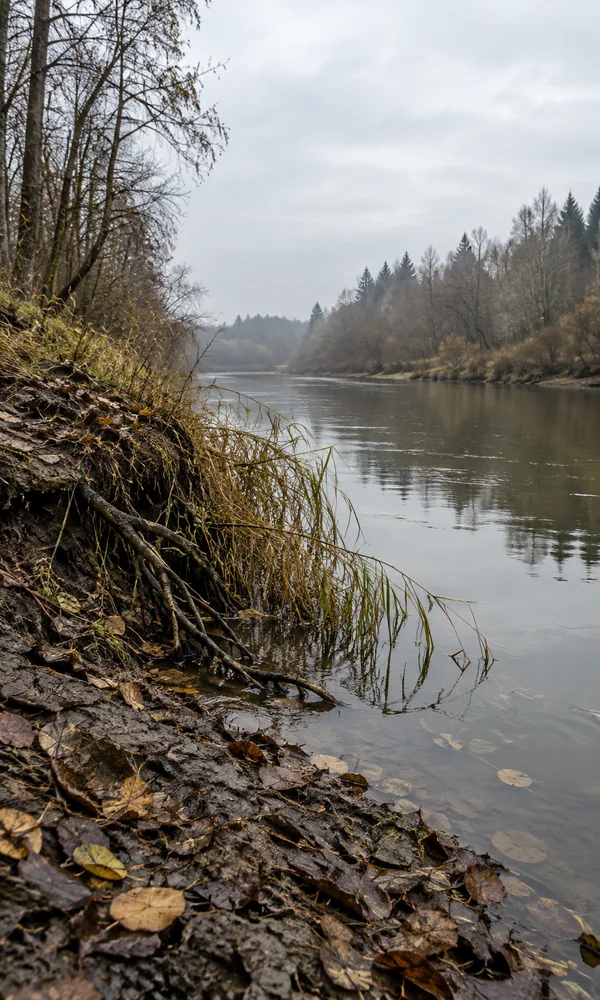A quiet late-autumn river runs past a muddy bank strewn with fallen leaves and tangled exposed roots.