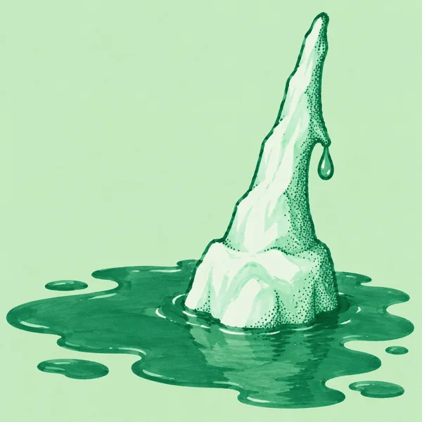A tall, narrow mint-green ice remnant with a droplet hanging from its right side stands in a broad dark-green puddle, rendered with loose emerald outlines and…