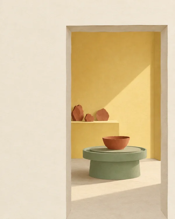 A sage-green pottery wheel with a clay-red bowl sits inside a tall rectangular doorway; three clay offcuts rest on a wall ledge against a buttery-yellow…