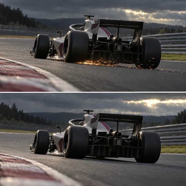 Two stacked low rear-three-quarter views show a pearl-grey open-wheel race car with plum accents on a dry circuit under dark clouds and a strip of sunlight.