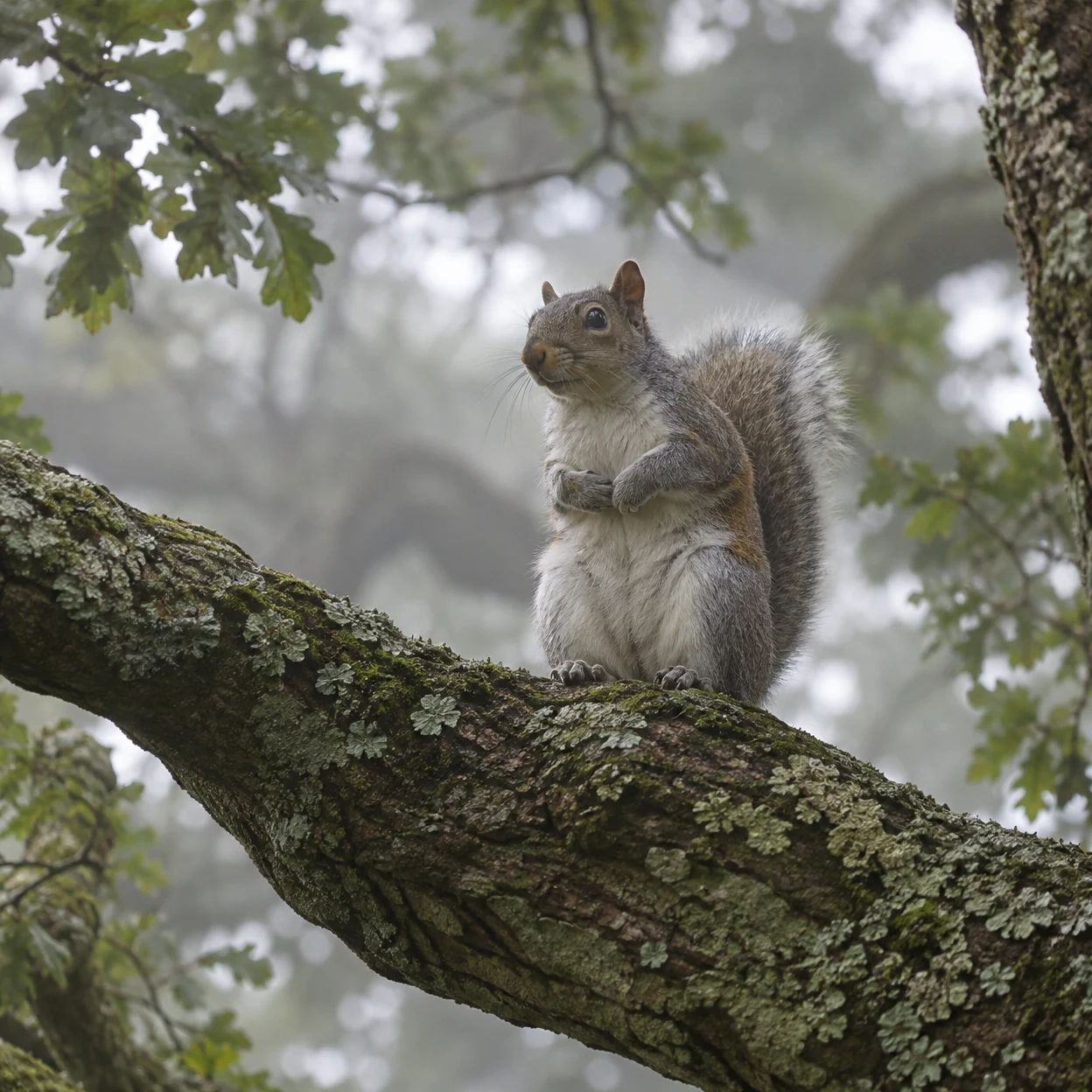 A grey squirrel sits upright with its forepaws held to its chest on a lichen-covered oak branch, looking to the left against a softly blurred, misty woodland…