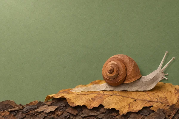 A layered paper-collage snail with a coiled cinnamon-brown shell glides rightward across a large ochre leaf above a strip of dark forest-floor paper, against a…