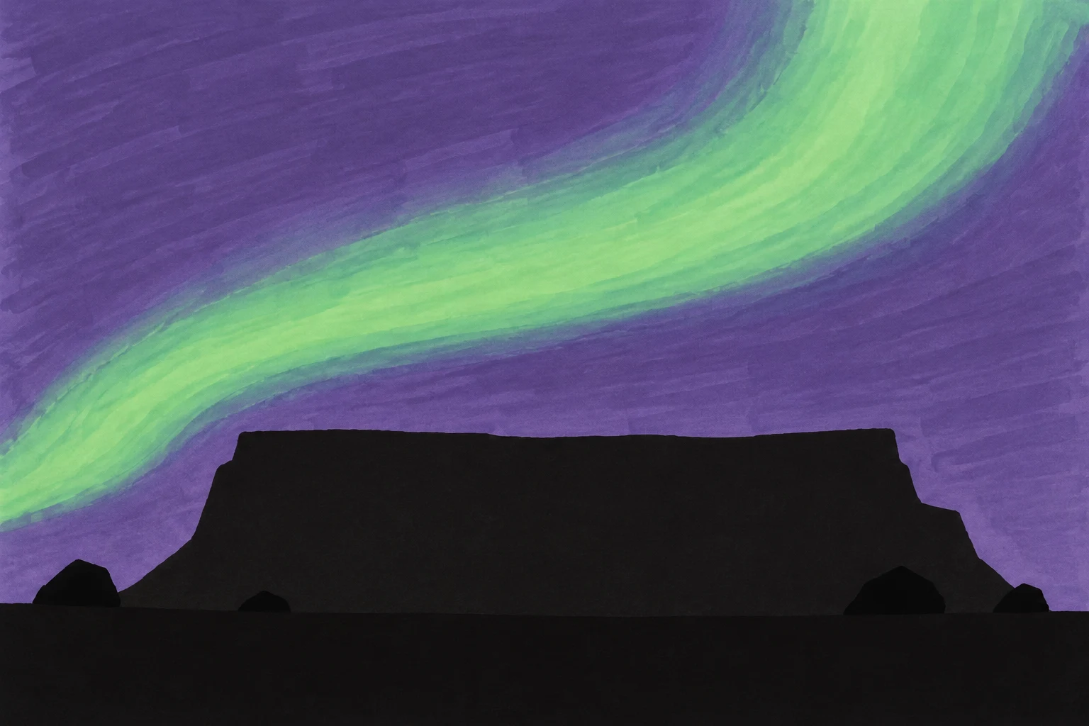A broad, flat-topped black plateau rises against a violet sky crossed by a sweeping pale-green aurora, with four dark rocks along its base.