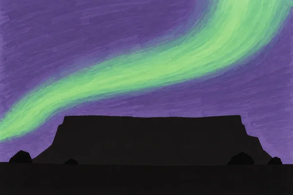A broad, flat-topped black plateau rises against a violet sky crossed by a sweeping pale-green aurora, with four dark rocks along its base.