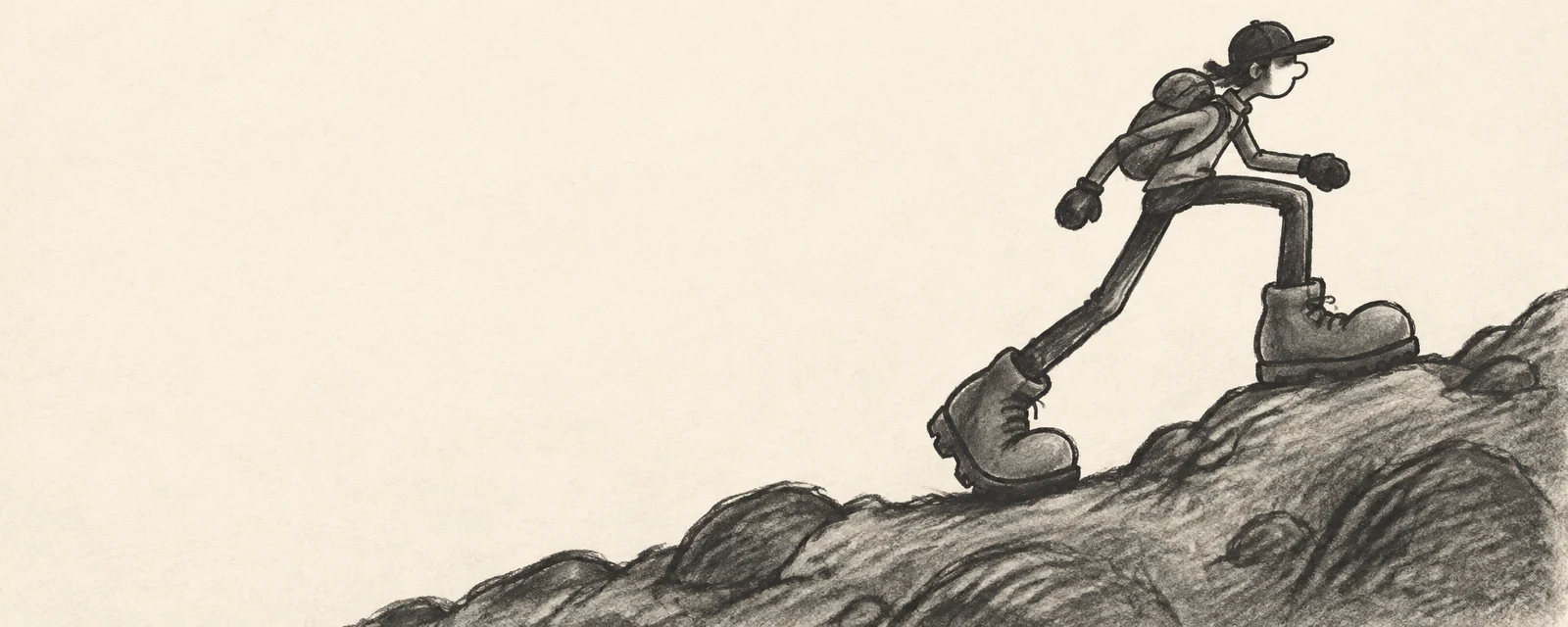 A lanky hiker in a cap and compact backpack steps uphill over a rocky ridge, with oversized boots and long bent legs against warm cream paper.