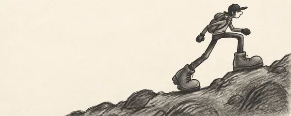 A lanky hiker in a cap and compact backpack steps uphill over a rocky ridge, with oversized boots and long bent legs against warm cream paper.