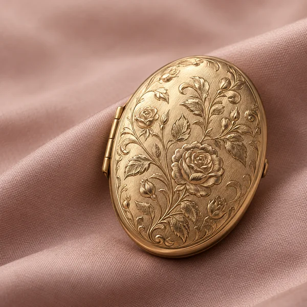 A closed oval gold locket engraved with rose blossoms, stems and curling leaves rests diagonally on dusty-pink silk, with soft fabric folds surrounding it.