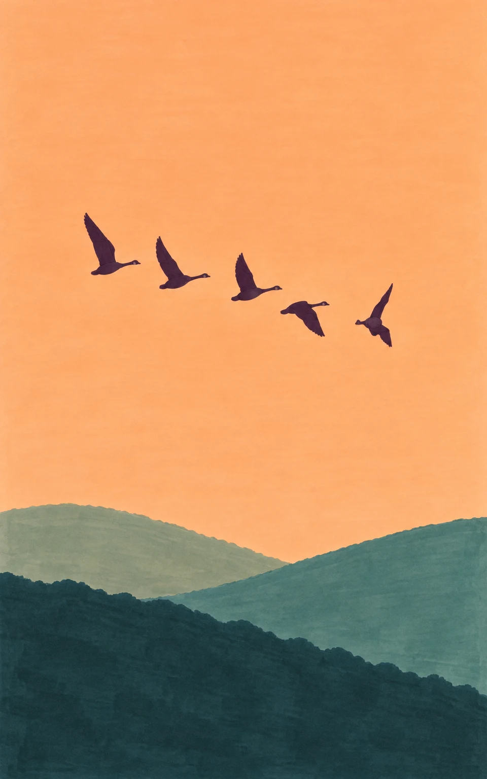 Five dark geese fly in a loose diagonal across a warm apricot sky above three overlapping sage, teal and deep blue-green hills.