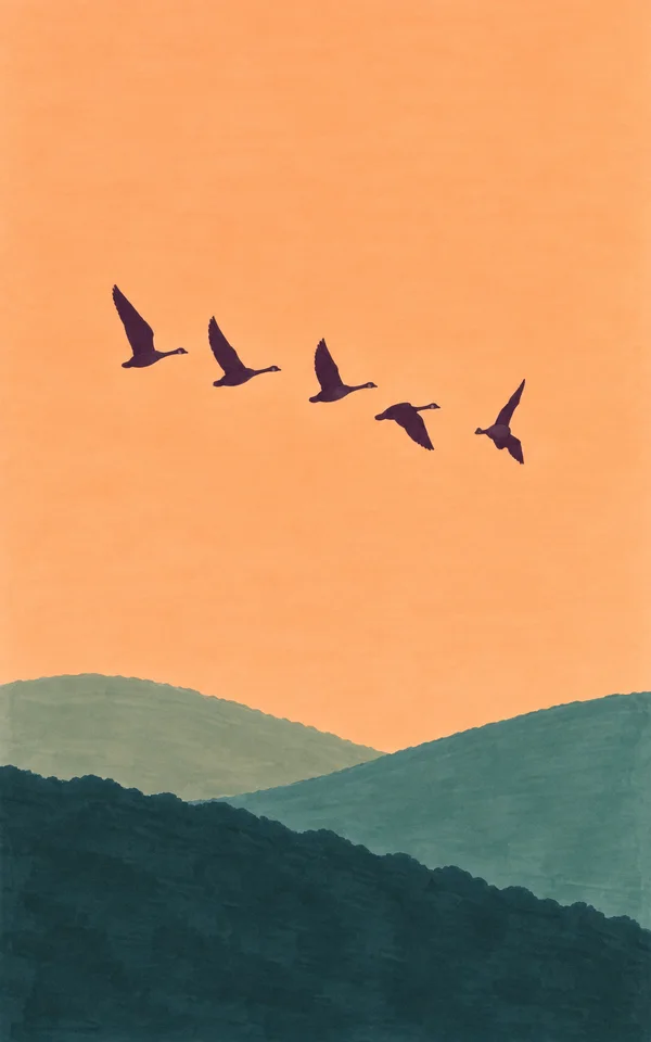 Five dark geese fly in a loose diagonal across a warm apricot sky above three overlapping sage, teal and deep blue-green hills.