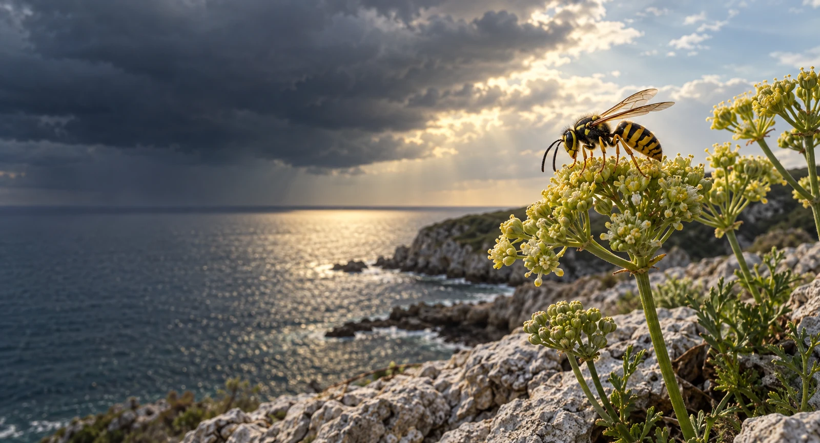 A yellow-and-black wasp feeds on pale green sea-fennel flowers above a rocky coastal headland, with the sea and a low headland beneath dark storm clouds and a…