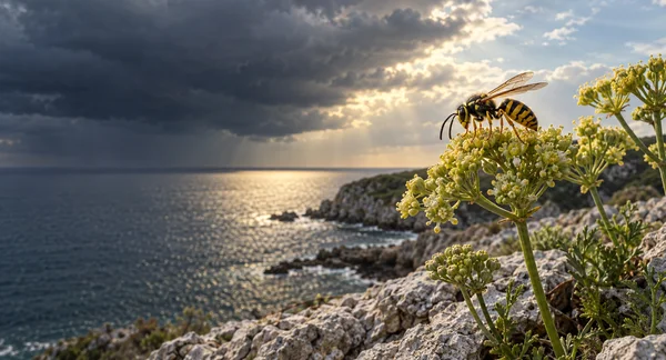 A yellow-and-black wasp feeds on pale green sea-fennel flowers above a rocky coastal headland, with the sea and a low headland beneath dark storm clouds and a…