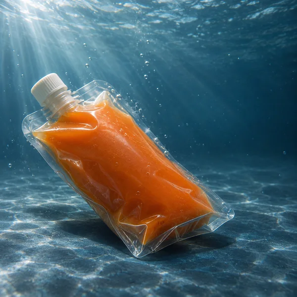 A clear, unlabelled stand-up pouch filled with orange liquid lies diagonally on a blue tank floor underwater, with a white screw cap, light rays and bubbles…