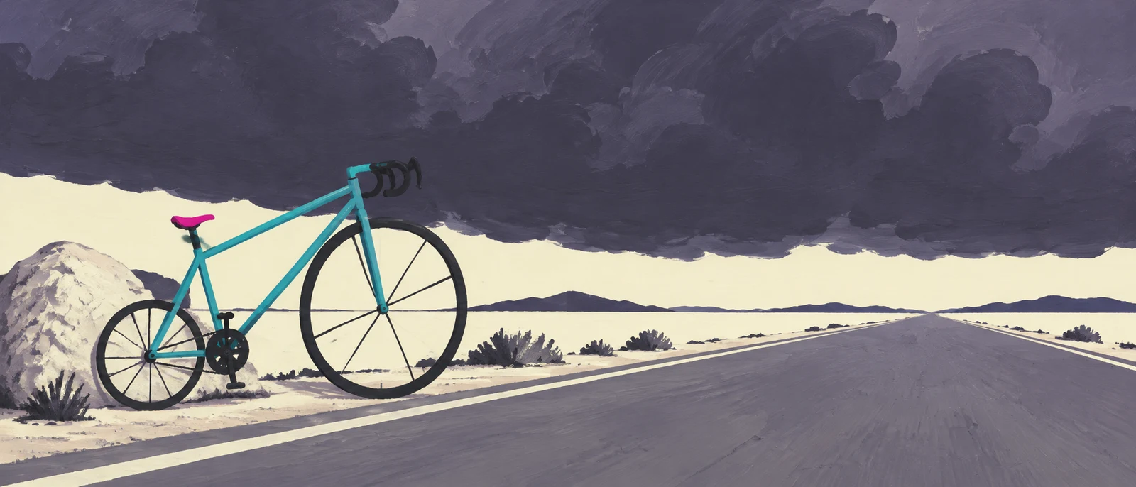 A cyan road bicycle with a magenta saddle stands beside a pale roadside rock beneath a broad dark purple cloud bank.