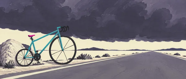 A cyan road bicycle with a magenta saddle stands beside a pale roadside rock beneath a broad dark purple cloud bank.