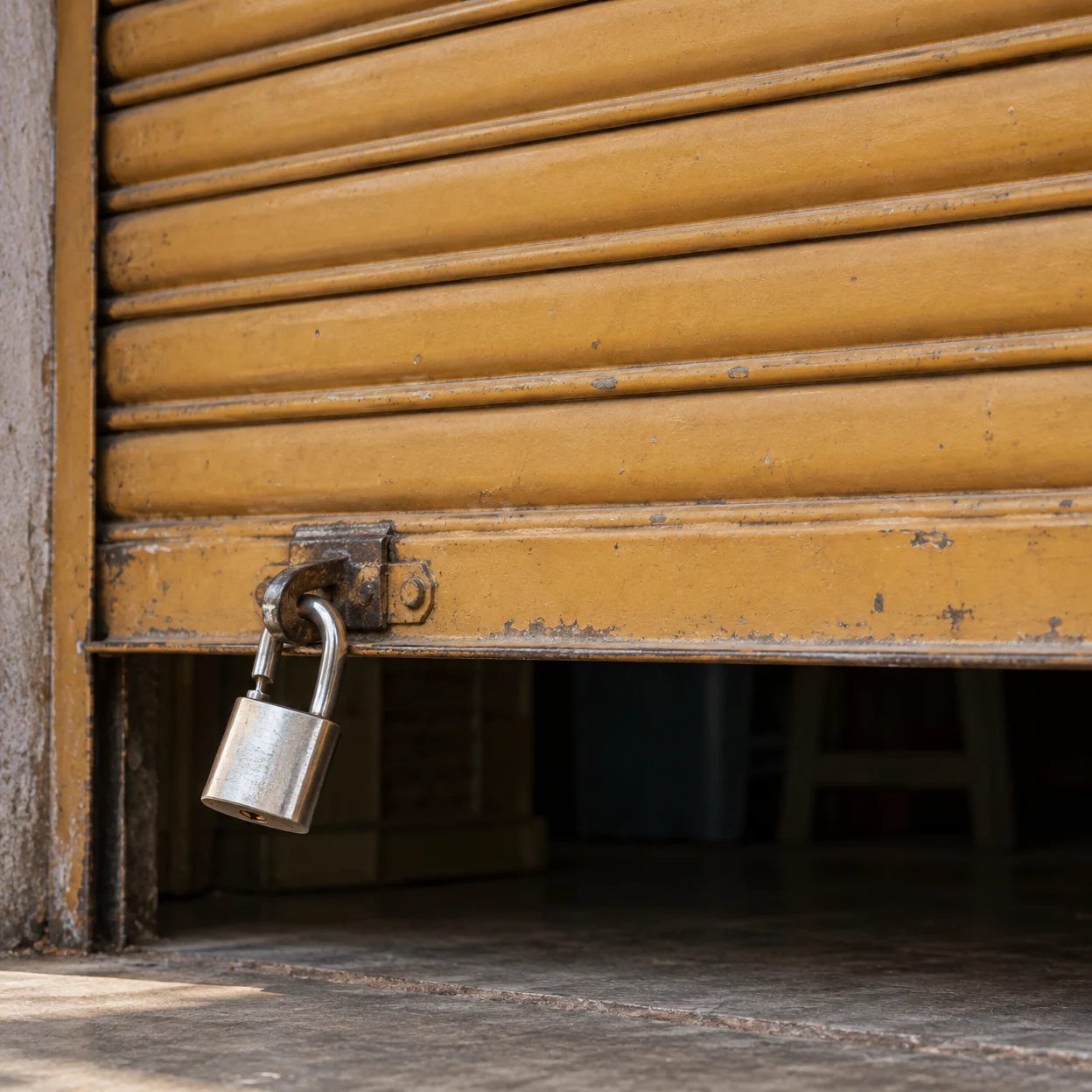 A silver padlock hangs from the latch beneath a partially raised ochre roller shutter, with a dark shop interior and pavement visible below.