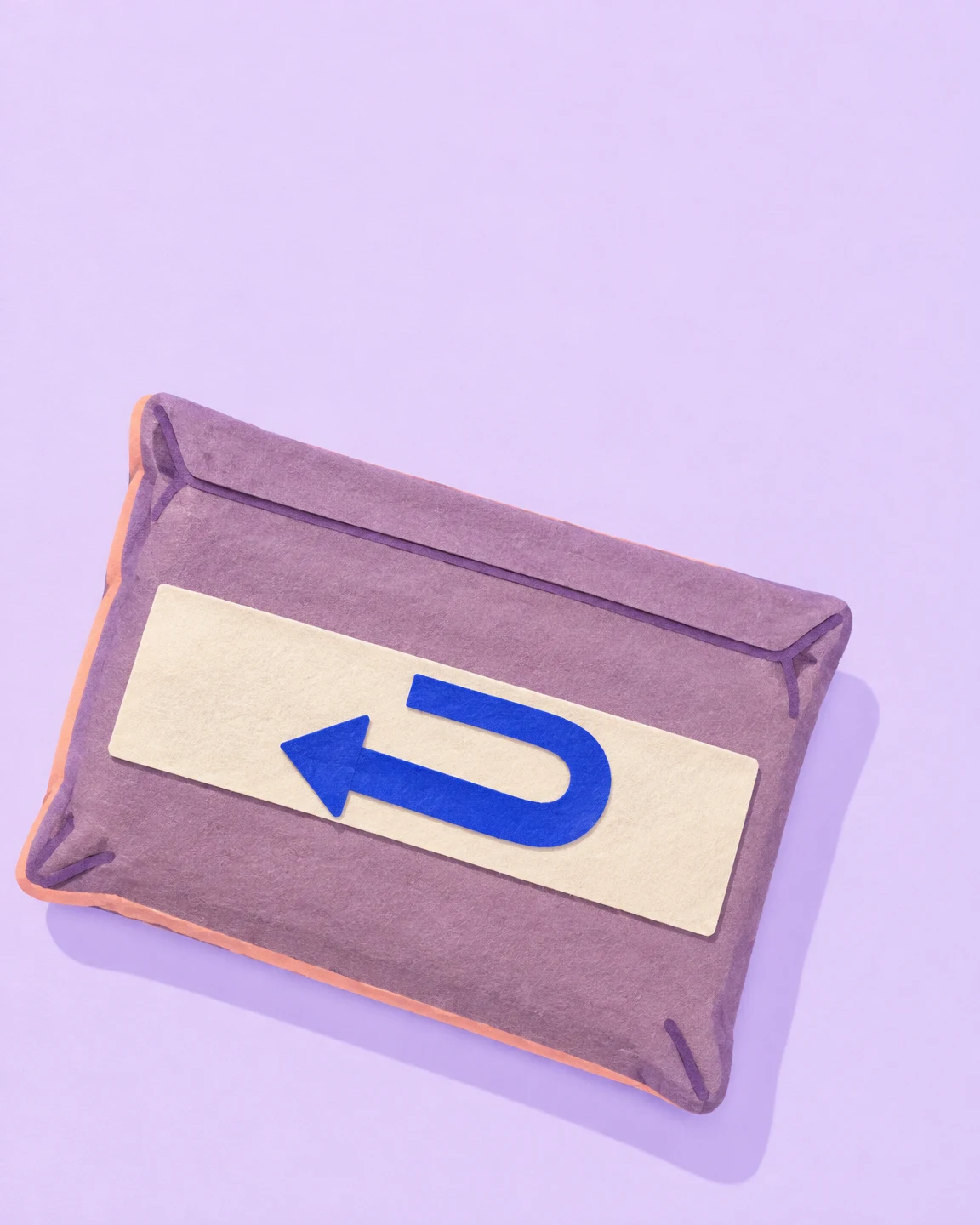 An angled dusty-violet padded mailer with a long ivory label and a large cobalt return arrow rests on a pale lavender background, with open space above it.