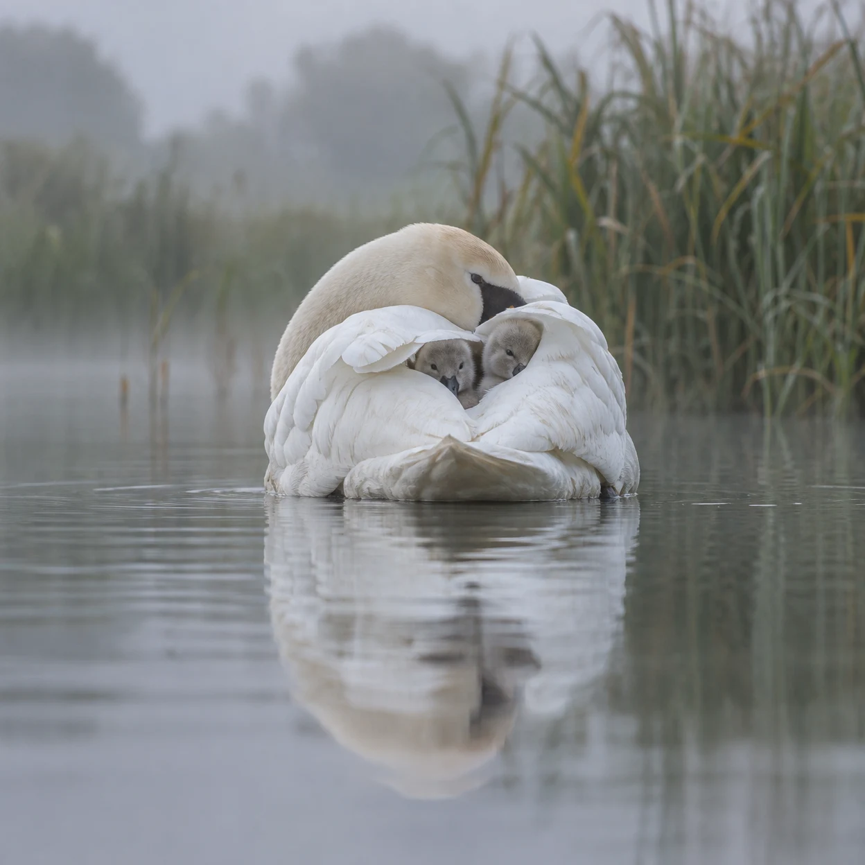 A white swan floats on still water with its head tucked toward its back and two grey cygnets nestled beneath a raised wing.