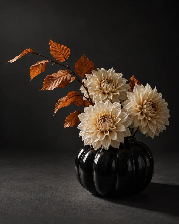 Three cream dahlias and a branching twig of burnt-orange leaves sit in a glossy black ribbed pumpkin-shaped vase on a charcoal tabletop, against a dark…
