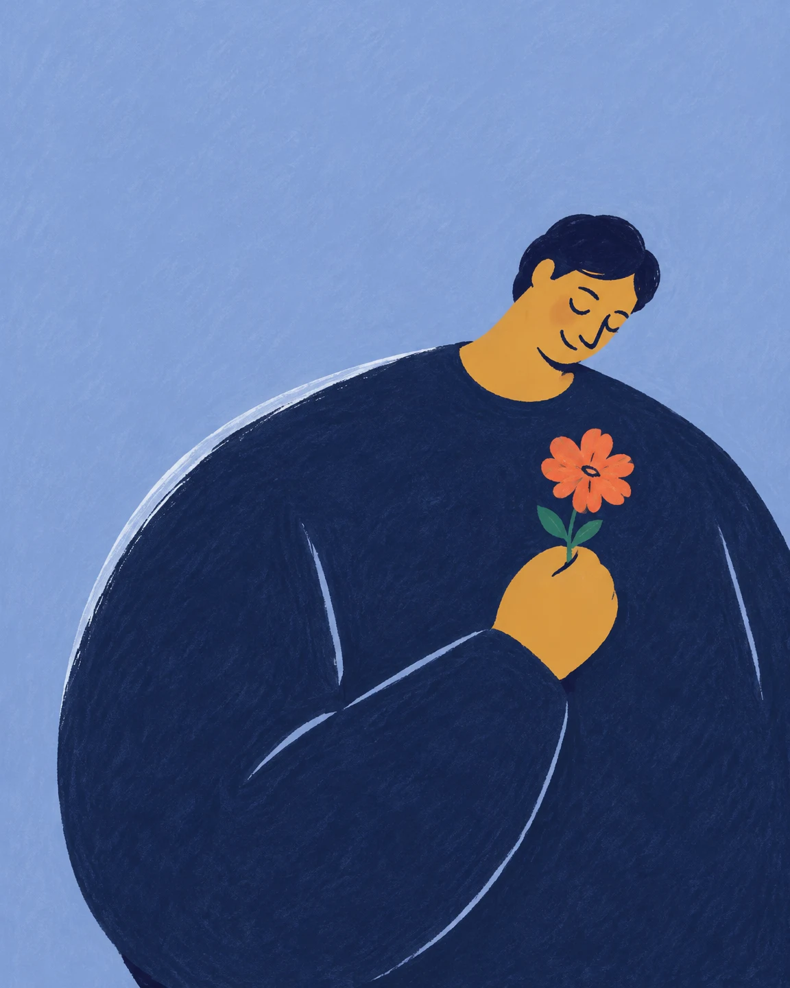 A stylized figure with a large rounded indigo-clad body bows their head with closed eyes and holds a coral flower to their chest against a pale periwinkle-blue…