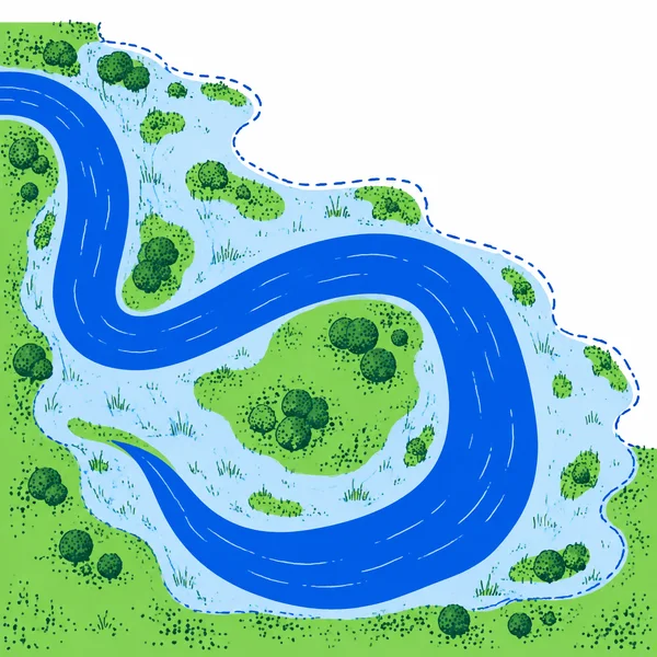 An overhead illustration of a bright-blue meandering river winding through pale-blue floodwater and green grassy banks, with scattered trees, grass strokes and…