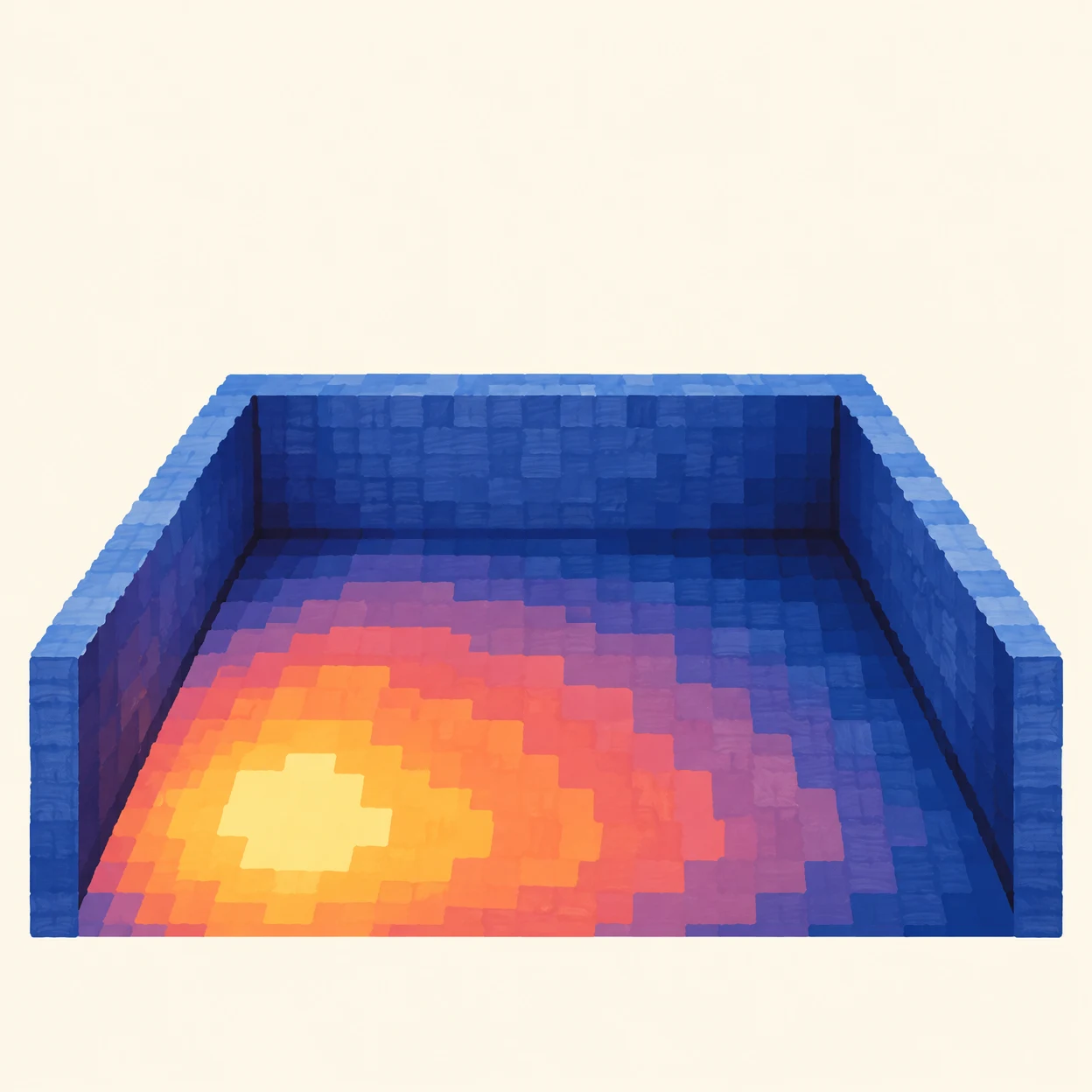A square illustration of an empty, open-front room with a broad pixelated floor, blue walls, and a yellow hotspot at the front-left surrounded by orange…