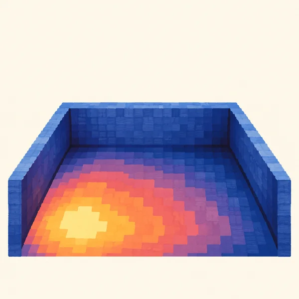 A square illustration of an empty, open-front room with a broad pixelated floor, blue walls, and a yellow hotspot at the front-left surrounded by orange…