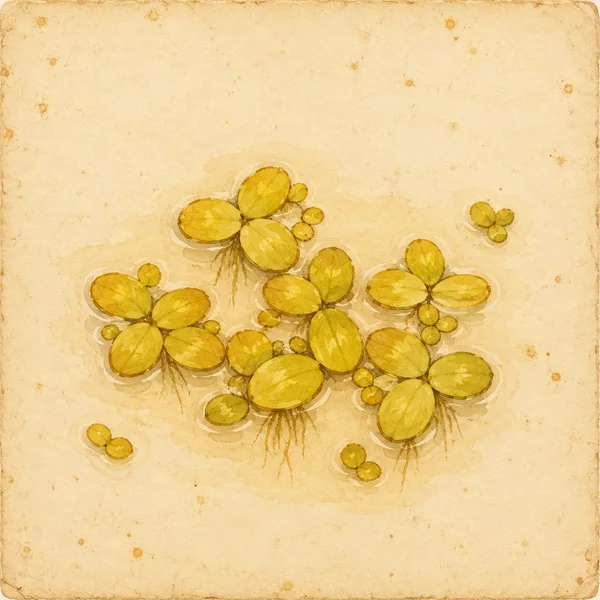 An amber-toned hand-drawn botanical illustration of broad oval floating fronds with visible roots, clustered on aged cream paper, with several small groups…