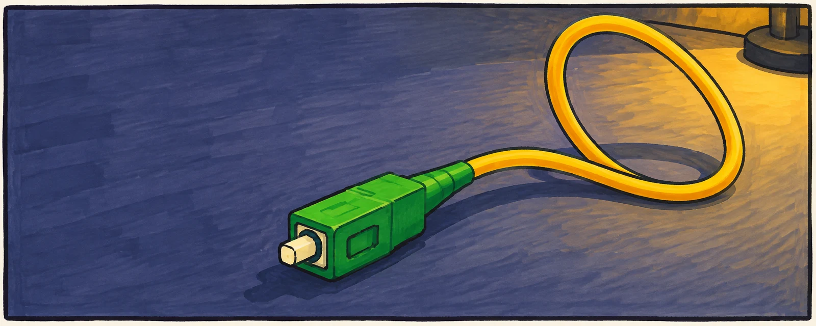 A hand-drawn marker-style illustration of a yellow cable in a tall loop on an indigo desktop, ending in an oversized green rectangular connector with a cream…