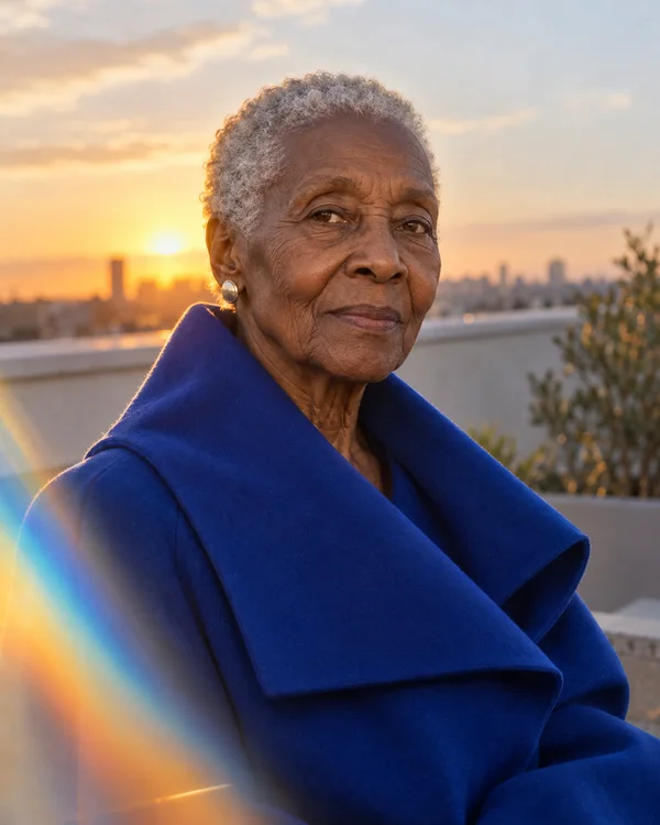 An elderly Black woman with closely cropped silver hair sits on a rooftop terrace in a sculptural cobalt-blue coat, looking toward the camera as sunset light…