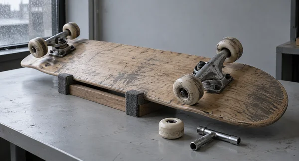 A heavily scuffed skateboard lies upside down on a felt-padded wooden cradle atop a gray worktable, with a loose cream wheel and a metal T-handle socket wrench…