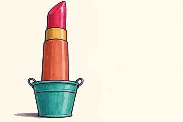 A tall terracotta-and-raspberry lipstick stands upright in a squat, flared teal bucket with two loop handles, against a cream background with open space to the…