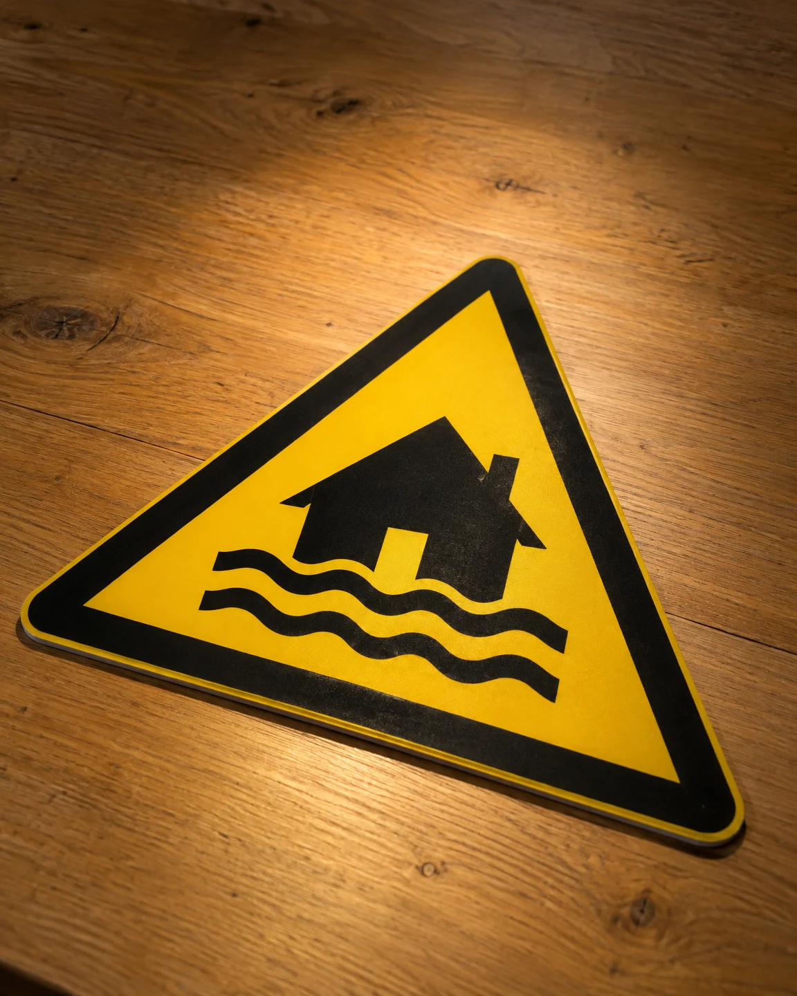 A yellow triangular warning placard with a black border and a black house-and-waves pictogram lies at an angle on a honey-coloured wooden table.