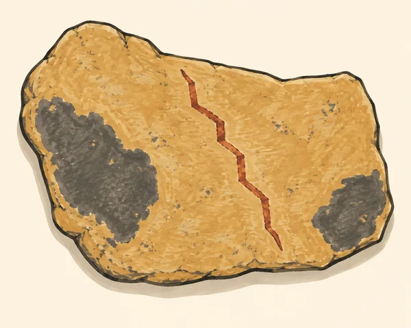 A broad ochre stone slab with an uneven dark outline, two charcoal patches, and a rust-red zigzag fissure on a warm cream background.